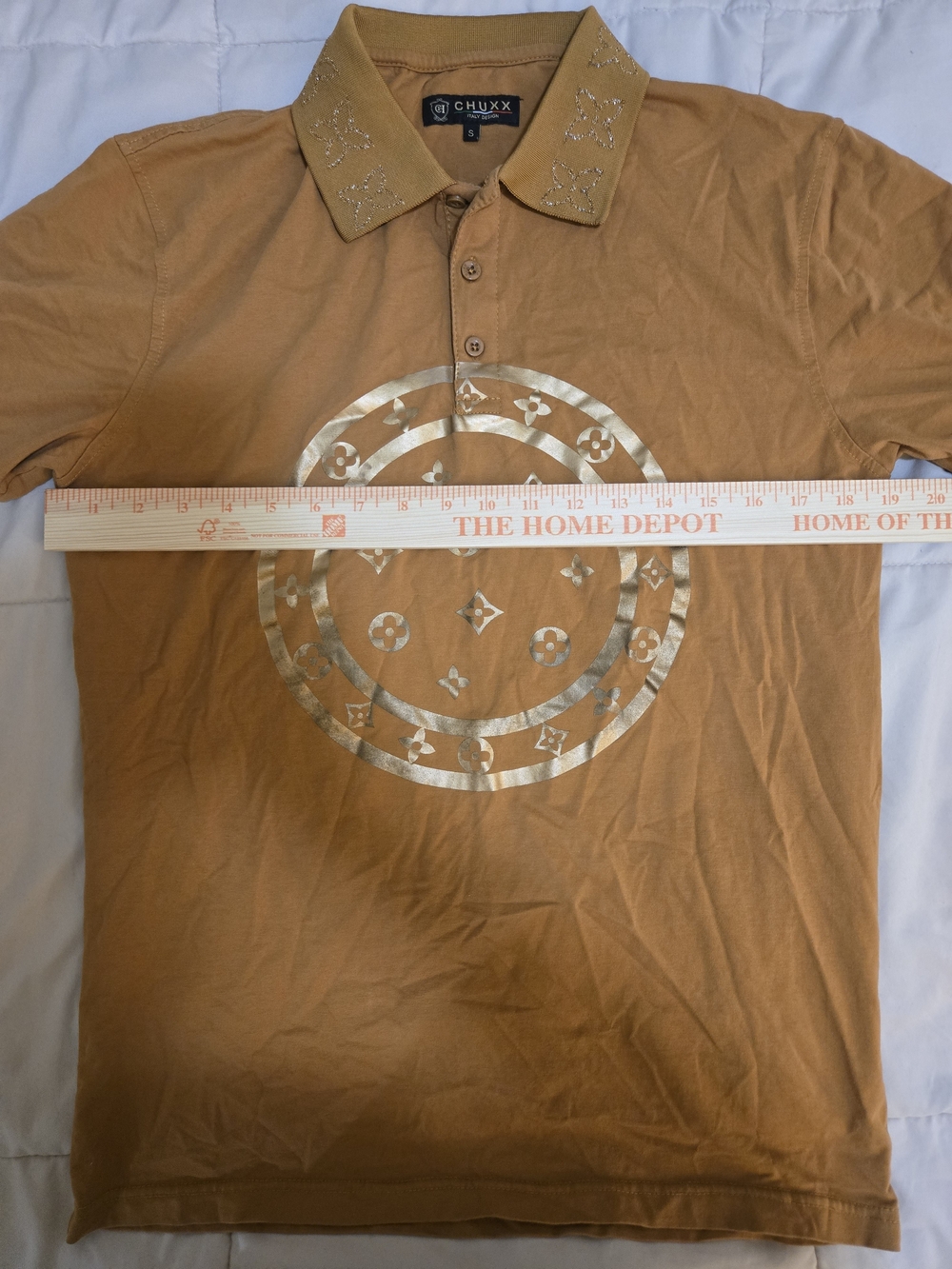 Men's Tan Polo with Gold Metallic Graphic - Picture 2 of 5